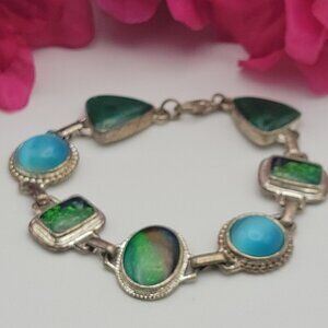 Vtg. KC Kenneth Cole Native Inspired Faux Gemstone Link Chain Bracelet 7.5"